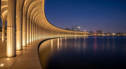 Warmly lit classical colonnade curving along an urban waterfront at twilight, with dramatic reflections on the dark water.