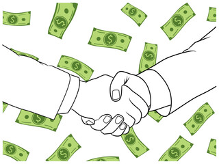 A powerful business illustration of a handshake sealing a deal, surrounded by falling money. Perfect for designs that convey investment, financial agreements, success, or wealth in a partnership