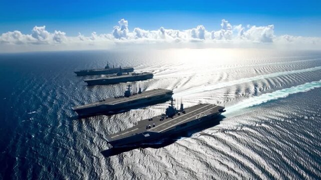 High Angle Aerial Shot of a Carrier strike group Convoy Sailing in Formation on a Sunny Day