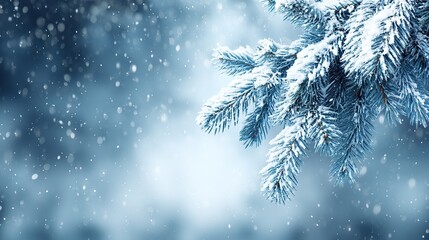 Christmas theme background with falling snow on snowy pine tree branches and glowing bokeh lights, creating a warm, magical and festive holiday atmosphere.