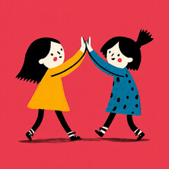 Illustrated scene of two kids giving a high five, symbolizing friendship, joy, and teamwork made with generative AI