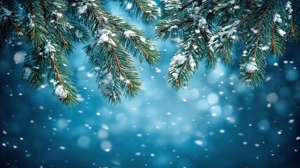 Christmas theme background with falling snow on snowy pine tree branches and glowing bokeh lights, creating a warm, magical and festive holiday atmosphere.