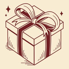 Isometric gift box with ribbon bow and sparkle accents line art style