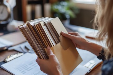 A woman with blonde hair is holding a stack of papers and a clipboard in front of a desk. The room has a window with a view of a city skyline, and there is a plant on the desk.