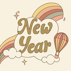 Retro New Year Design with Rainbow Hot Air Balloon and Cloud Accents