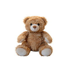 A cute, fluffy brown teddy bear with soft fur sits patiently on a plain background. This classic plush toy evokes childhood comfort. background removed