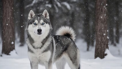 Naklejka premium Majestic Siberian Husky standing proudly in a snowy winter forest.