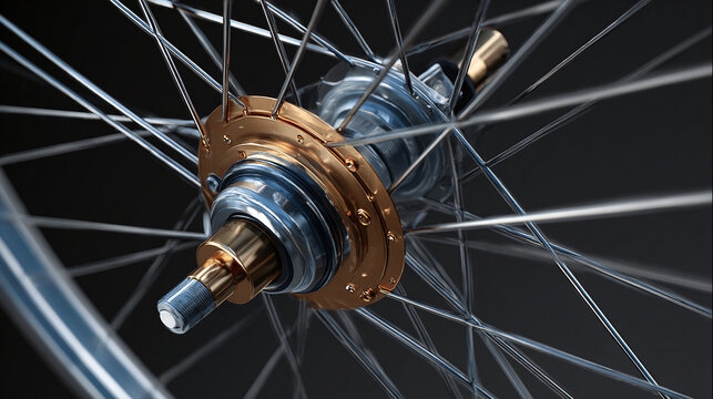 A close-up shot of a bicycle wheel, showing its intricate details and design