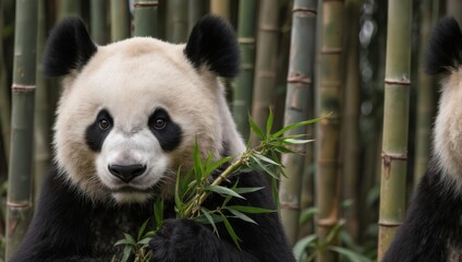 Fototapeta premium Giant Panda Enjoys Bamboo Meal in Lush Forest Habitat.