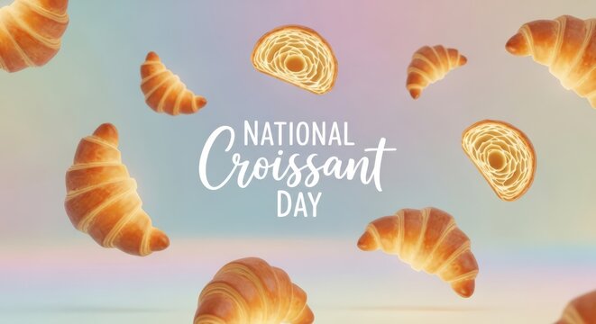 National croissant day text with realistic croissants and pastry slices floating on a pastel gradient background