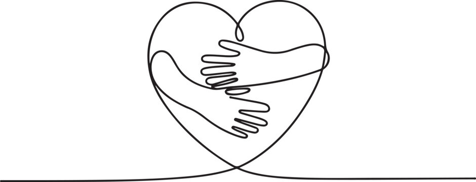 hands embracing heart with love vector illustrator, continuous one line drawing of hug love symbol. one line Icon drawing with white background