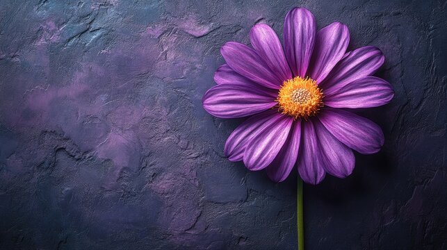 A vibrant purple daisy with an orange center is dramatically showcased against a dark blue, textured background. The composition creates a strong focal point and striking contrast.