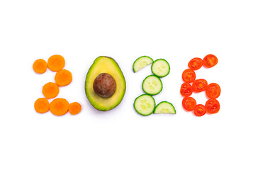 2026 New year made of vegetables on white background.