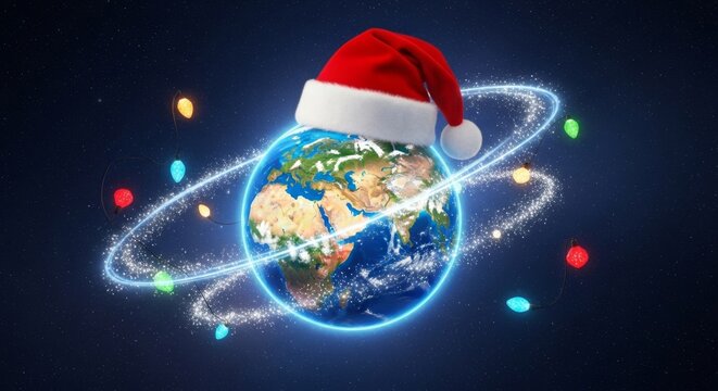 Earth wearing a Santa hat with Christmas lights in space. Global holiday celebration concept, unity and joy of the festive season. - Powered by Adobe