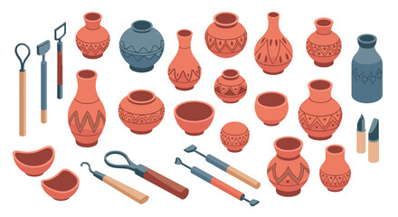 Isometric pottery tools and clay vases illustrate artisanal crafting techniques