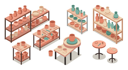 Isometric pottery studio with shelves and tables in pastel tones