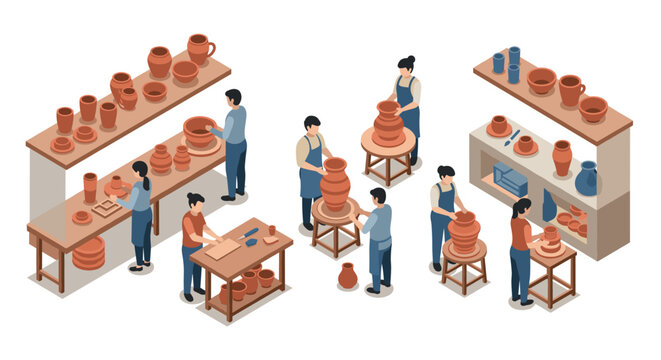 Isometric workshop scene of people crafting pottery in a studio setting