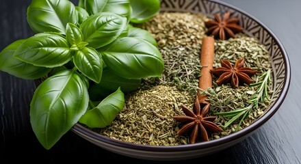 Close up photo of fresh basil leaves and dried herbs in a decorative bowl on a dark surface.
