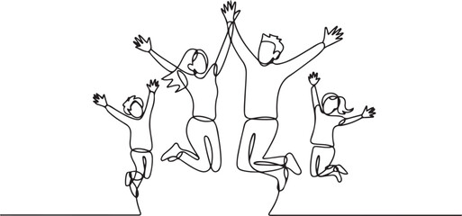 Happy Family Jumping One Line Drawing for Wellness Brand. one line Icon drawing with white background