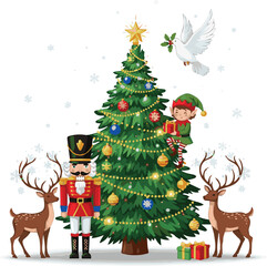  Winter Holiday card with decorative Christmas Tree, Nutcracker, Elf, Dove, reindeers vector art with white background