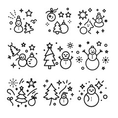 Crayon kids scribble. Fir tree decorations, Cute line doodle Merry Christmas and Happy New year simple hand drawn icons set. Xmas bubble, snowman, stars, sparks, glitter, confetti. Festive background