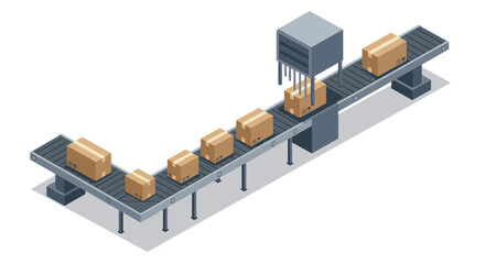 Obraz premium Isometric conveyor belt with moving packages in modern industrial setting
