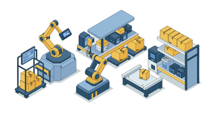 Obraz premium Warehouse automation and robotics in isometric style