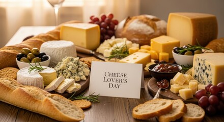 A delightful spread of various cheeses, bread, olives, and grapes, perfect for cheese lovers day celebration