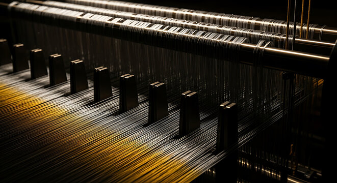 Detailed view of weaving machine in textile factory producing fabric elegantly and efficiently