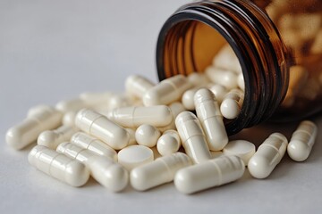 A close-up shot of a brown glass bottle with white pills spilling out of it, lying on a white surface.
