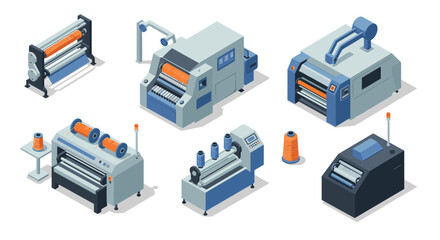 Isometric industrial printing machines set with detailed design elements