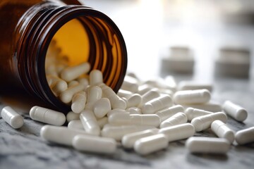 A close-up shot of a brown glass bottle with white pills spilling out of it, lying on a marble surface.