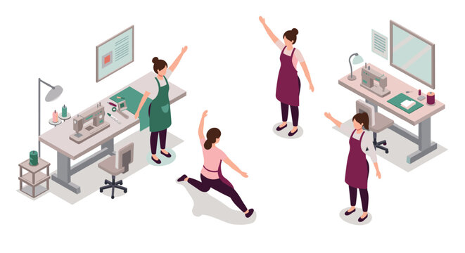 Seamstress workshop women engaging in office exercise routine in isometric style