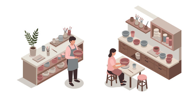 Isometric pottery class scene with crafting students and clay creations in minimalist style