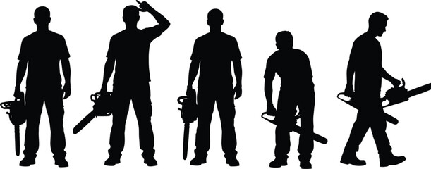 Silhouette collection of workers holding chainsaws in various standing and walking poses, professional lumberjack equipment, forestry tools, construction safety concept illustration
