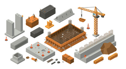 Isometric construction site elements with crane and building materials