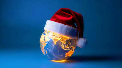 Illuminated world globe with a red Christmas hat on a blue background. Global Christmas celebration and happy holidays concept.