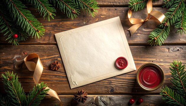 Blank vintage holiday letter with a red wax seal, golden ribbon, and fresh fir branches on rustic wood background, ready for your festive seasonal greetings