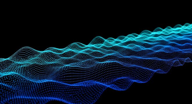 Flujo de ondas de part&iacute;culas digitales azules, fondo abstracto del ciberespacio digital