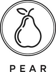 Minimalist outline icon of a pear with the word pear below