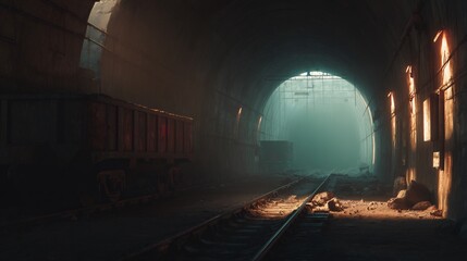 Abandoned Train Tunnel with Dark and Gritty, and Industrial.