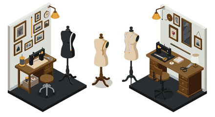 Isometric tailor studio with sewing tools and dress forms in vintage style