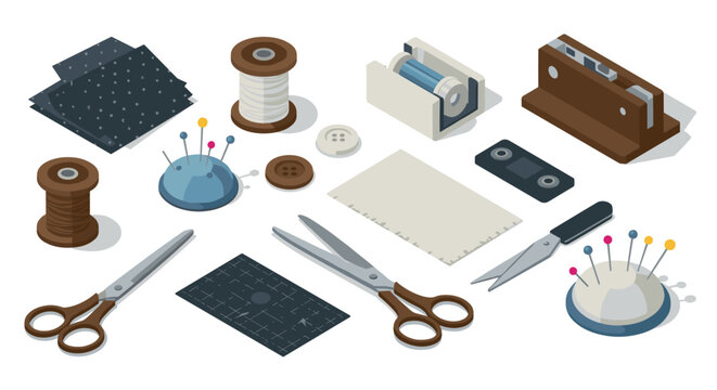 Sewing essentials isometric set with scissors, threads, and tools for crafting and tailoring projects