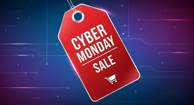 Red “CYBER MONDAY SALE” tag with digital circuit background—tech-savvy, sleek, and built for online buzz.