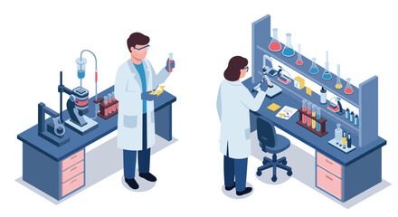 Modern laboratory setup with scientists conducting experiments in isometric style