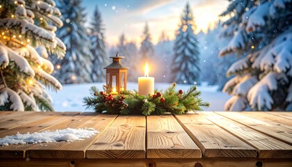 Cozy and serene St. Lucia Day setting: Two white candles and festive greens on a wooden plank table, overlooking a majestic, sunlit winter forest.
