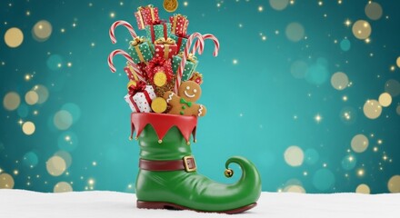 Naklejka premium Green elf boot filled with Christmas gifts and gingerbread man on snowy surface. Festive holiday background for celebration design.