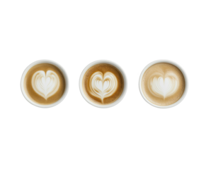 A Beautiful Array of Three Coffee Cups with Heart Latte Art, Showcasing Intricate Designs in a Minimalist Presentation  isolated on transparent background 