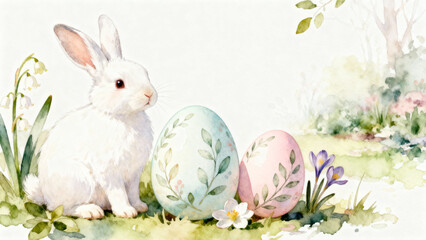 Obraz premium Watercolor illustration for the Easter celebration featuring a bunny and decorated eggs in a serene spring setting