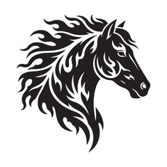Stylized Black Horse Head with Fiery Mane Tribal Vector Art